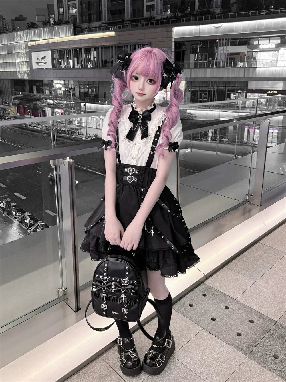 Punk Suspender Skirt, Stand Collar Blouse 45578:855986