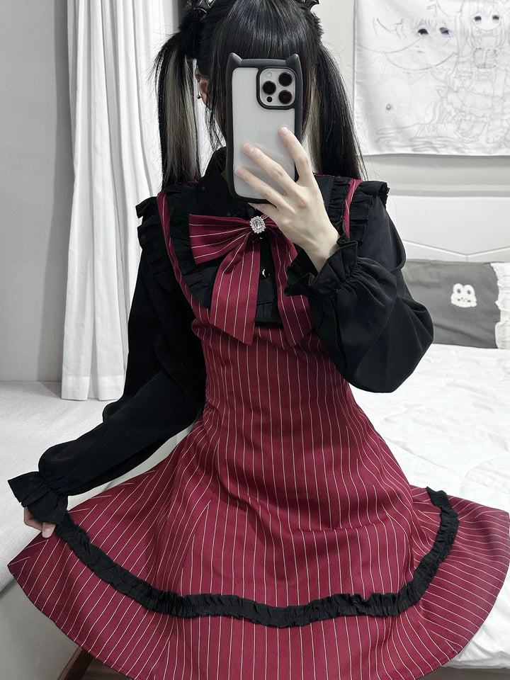 Jirai Kei Striped Long-Sleeve Dress, Detachable Bow 45797:864463