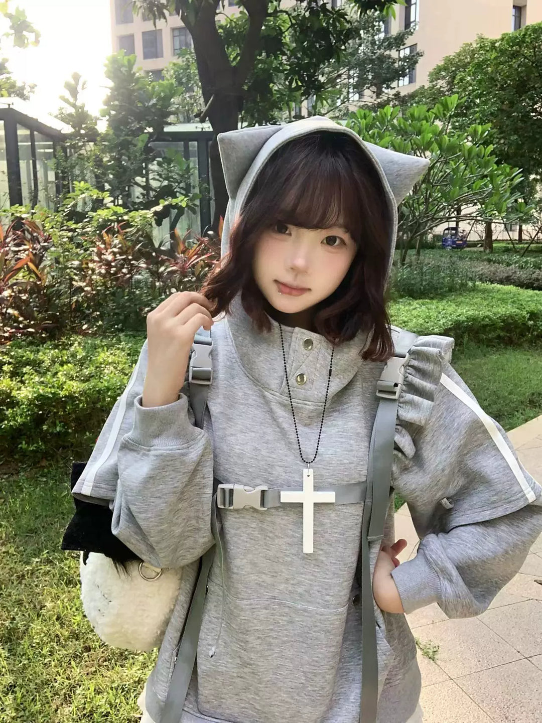 Jirai Kei Hoodie Lace-up Cat Ear Sweatshit Grey Top 39704:637006