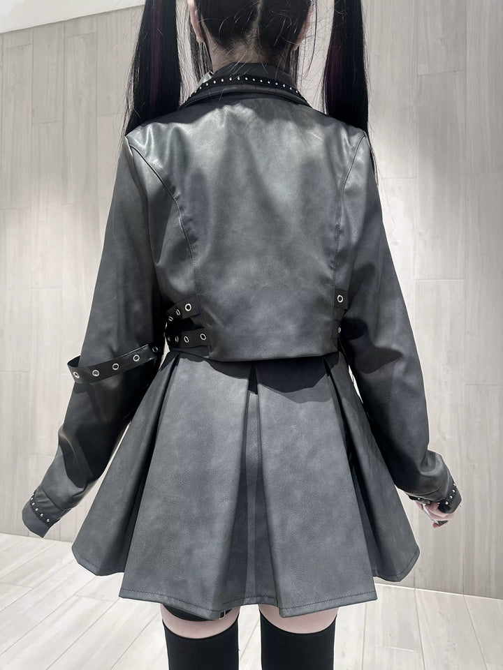 Punk Style PU Jacket, Pleated Skirt 44568:816020