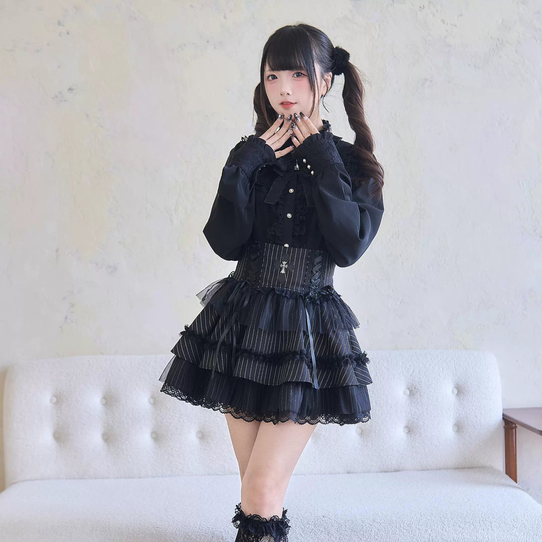 Jirai Kei Blouse Stand Collar Ruffle Shirt Black Layered Skirt (L M S) 41986:721414