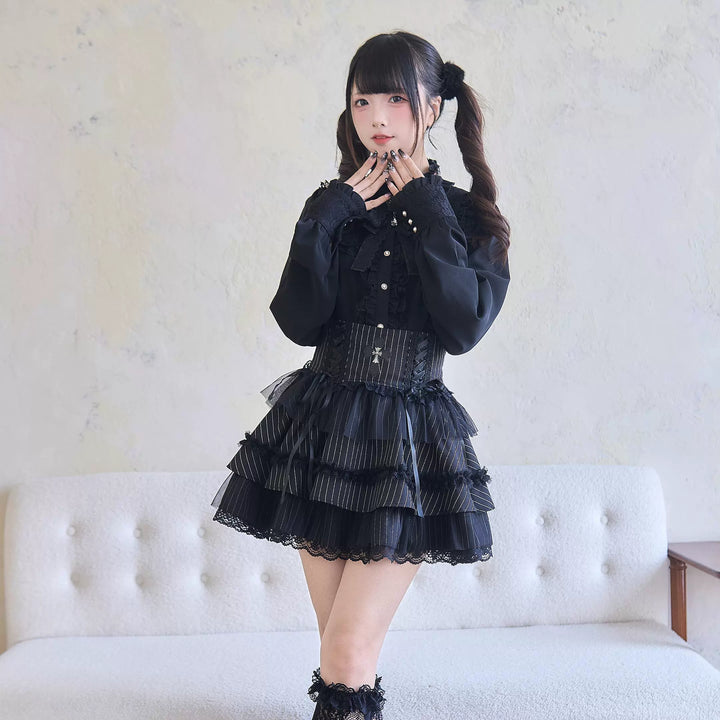 Jirai Kei Stand Collar Ruffle Blouse Black Layered Skirt (L M S) 41986:721414