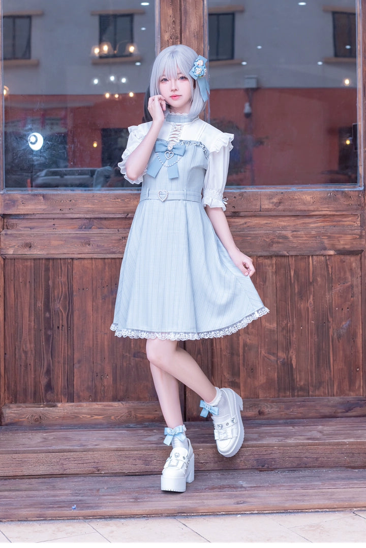 Jirai Kei Dress Short Sleeves Lace-Up Dress With Bow Tie 41036:685856