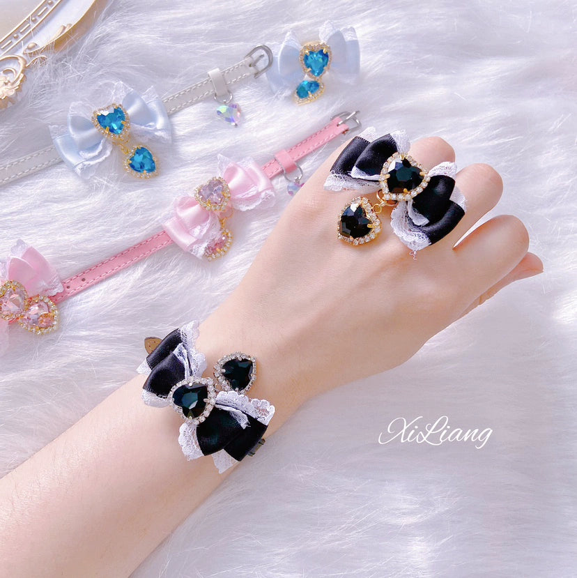 Jirai Kei Handmade Bow Leather Wristband Bracelet Ring Multicolor 28902:327134 28902:327134