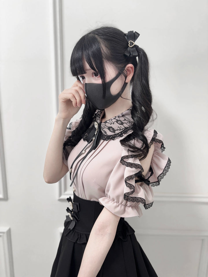 Ruffle Lace Ryousangata Blouse with Pearl Buttons And Ribbon 43103:765820