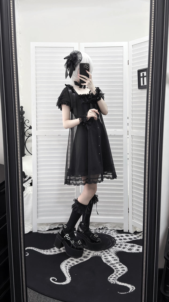 Jirai Kei Tulle Overlay Dress, Square Neckline 45558:855523