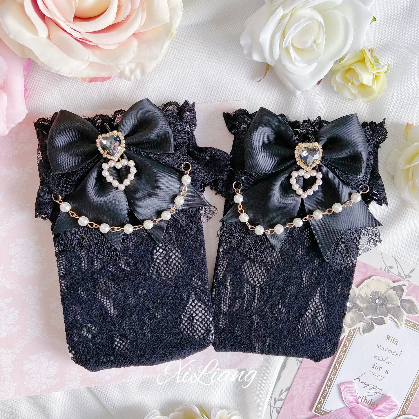 Jirai Kei Handmade Bow Pearl Heart Lolita Lace Socks 28904:326756