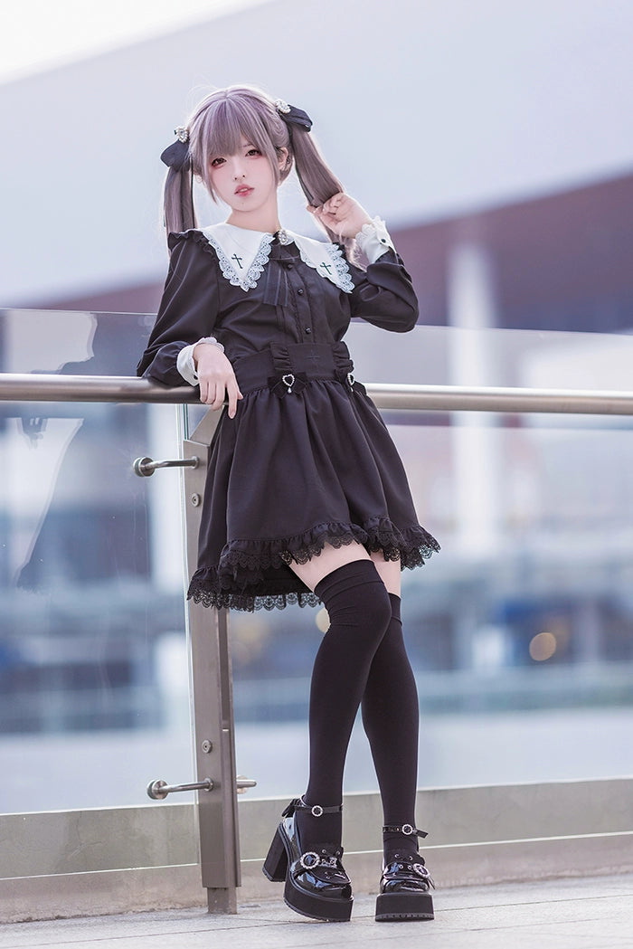 Jirai Kei Set Black Pink Sailor Collar Blouse Cross Skirt 37666:564502