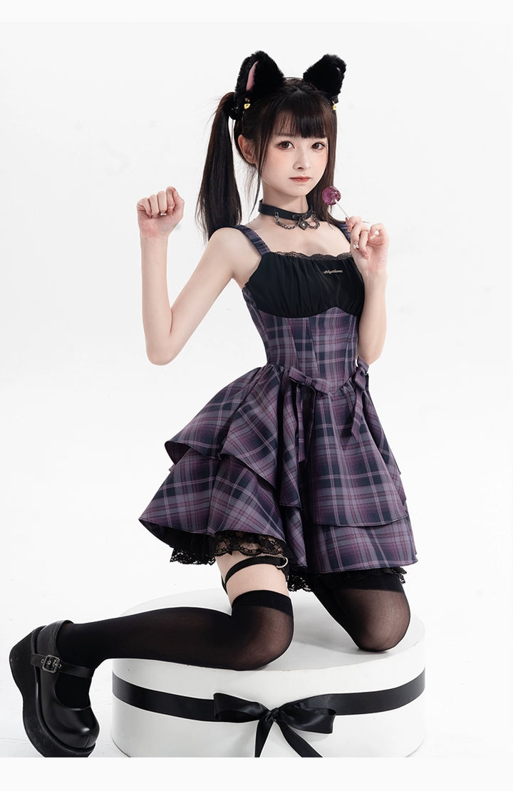 Gyaru Purple Plaid Dress With Lace Trim And Black Bolero 22508:323430