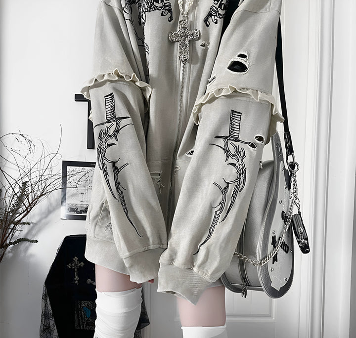 Punk Hooded Jacket, Ripped Details & Horse Embroidery 45939:871253