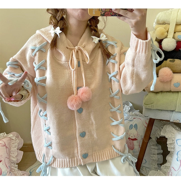 Kawaii White Pink Blue Cardigan Bunny Ears Sweater Coat 22658:345246 22658:345246