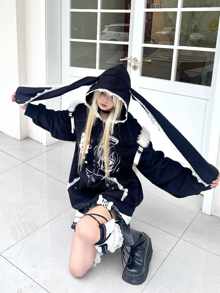 Jirai Kei Coat Bunny Ears Hoodie Lace Rivet Winter Coat 32412:415554