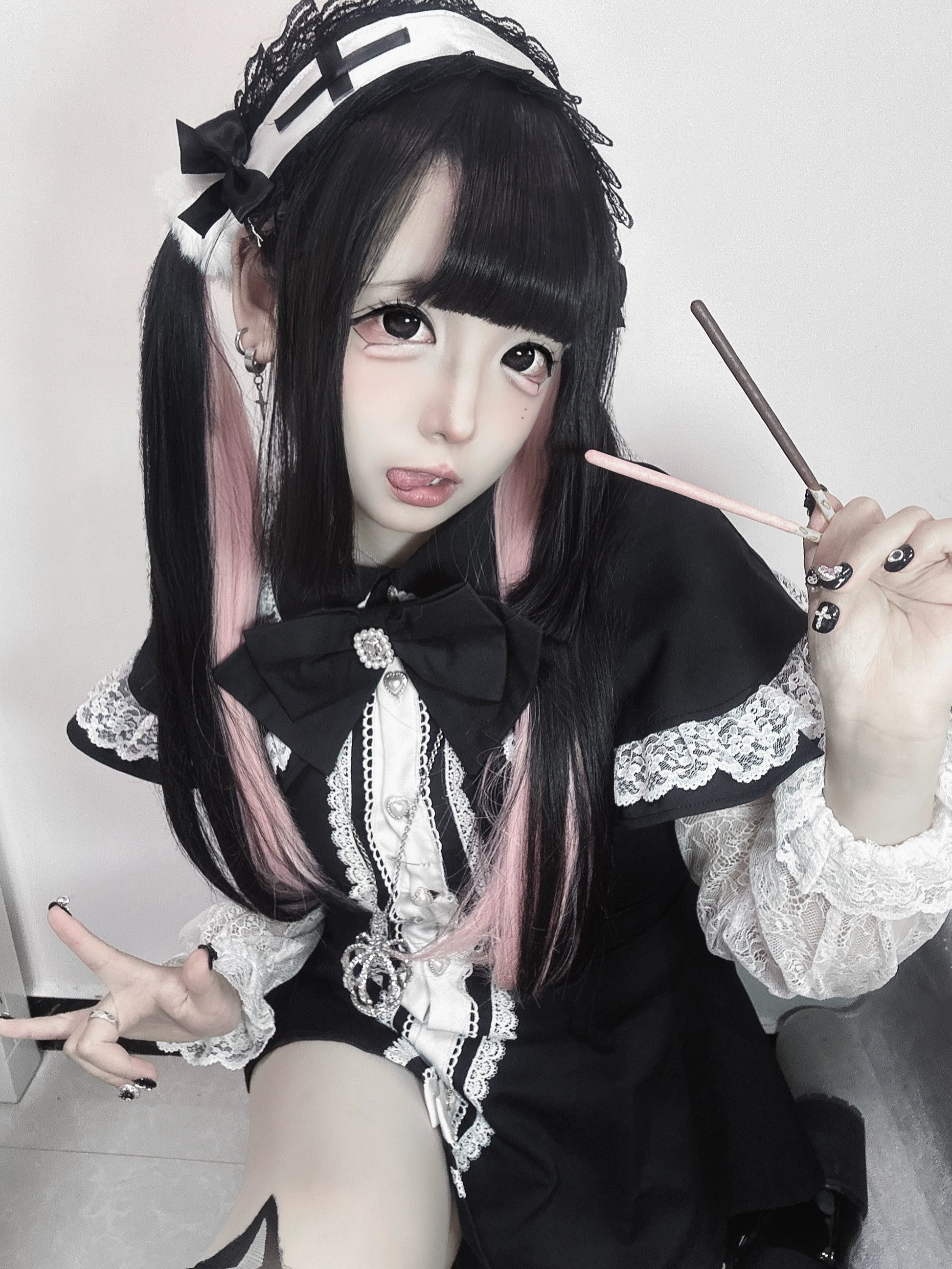 Jirai Kei Dress Set Lace Sleeve Black Cape Outfit Sets 37456:561396