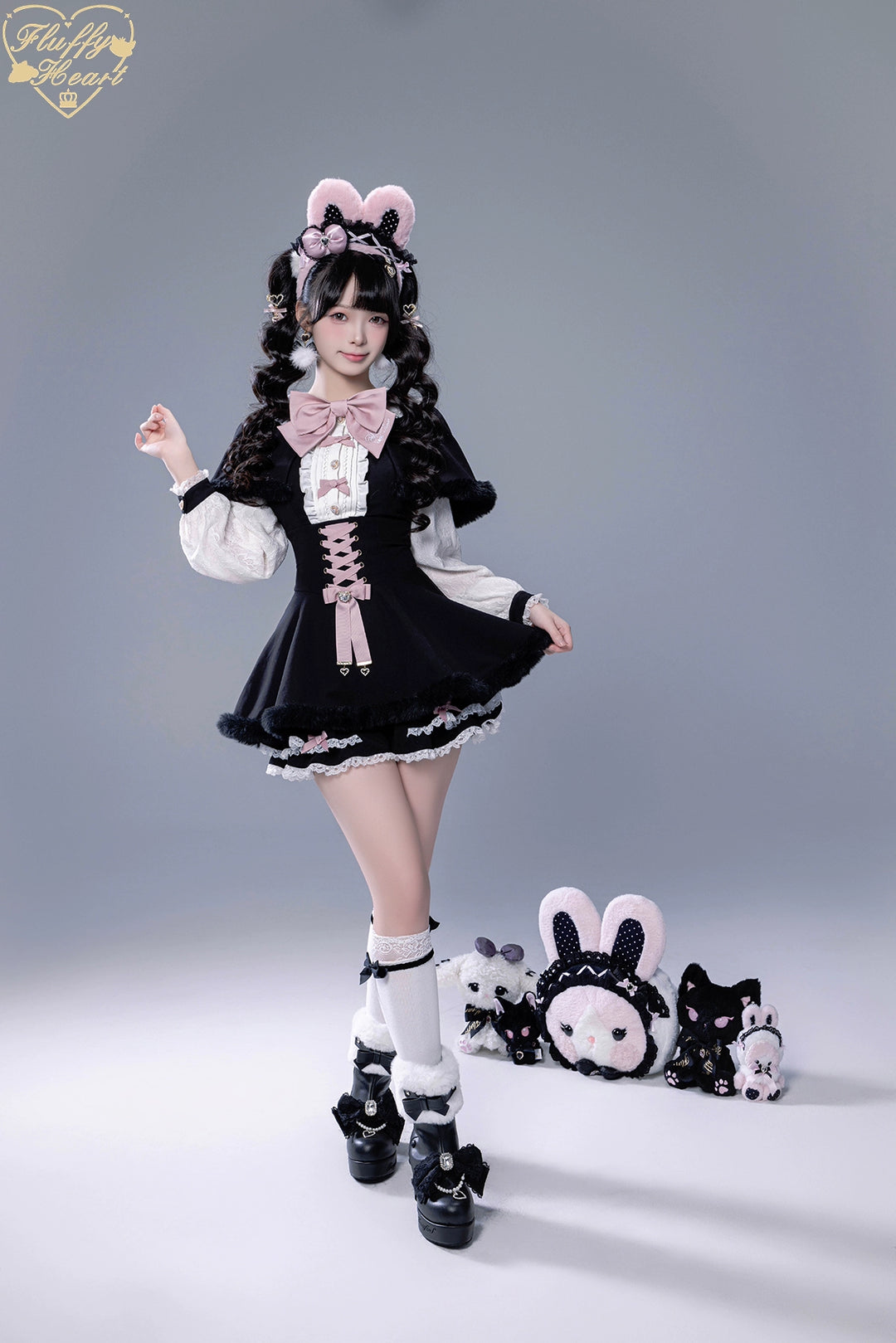 IP Collab Jirai Kei Dress Set, Detachable Fluffy Cape 44146:798068