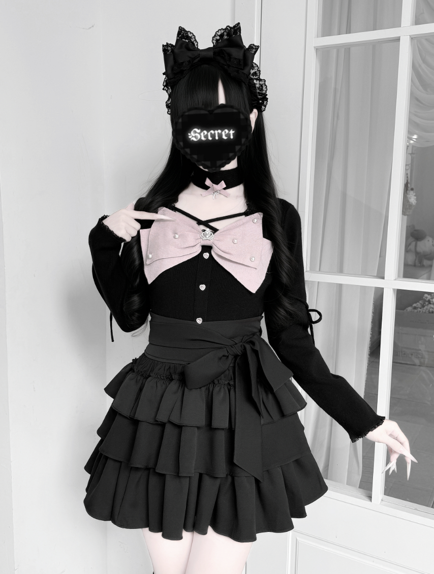 Jirai Kei Knit Top, Tiered Ruffle Skirt, Matching Choker (L M XL) 44685:821223