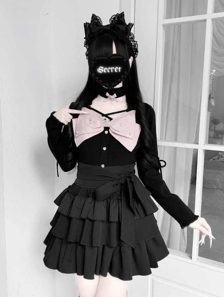 Jirai Kei Knit Top, Tiered Ruffle Skirt, Matching Choker (L M XL) 44685:821223