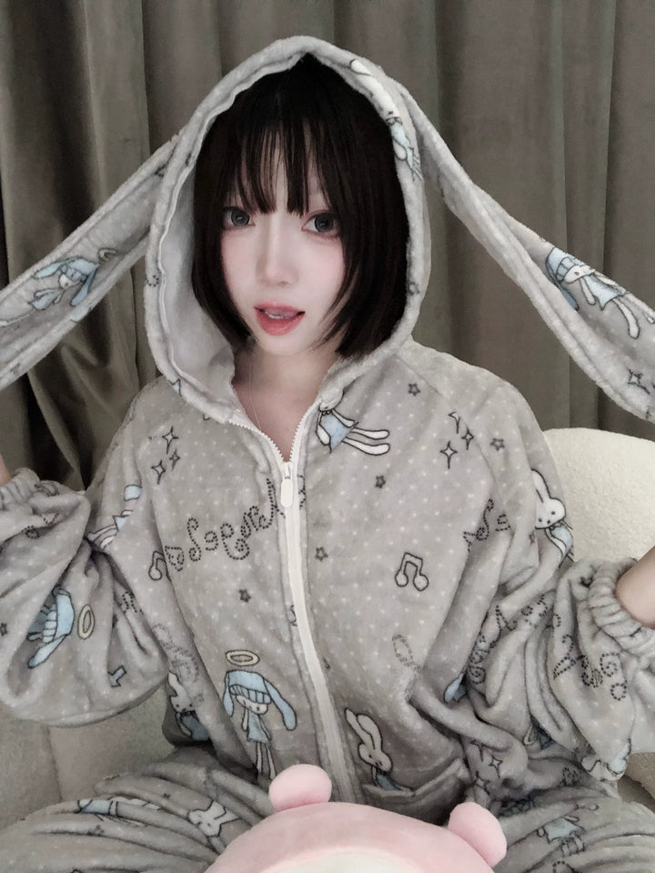 Bunny-ear Hooded Pajamas Set, Angel Bunny Print 44749:830347