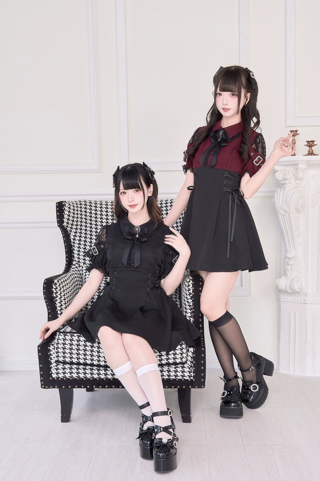 Lace Shoulder Jirai Kei Dress, Pleated Skirt 43534:779081