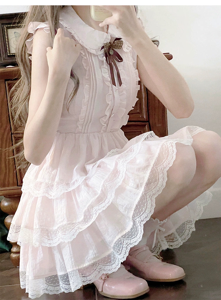 Sweet Style Lace Trim Dress, Tiered Ruffles 43546:779204
