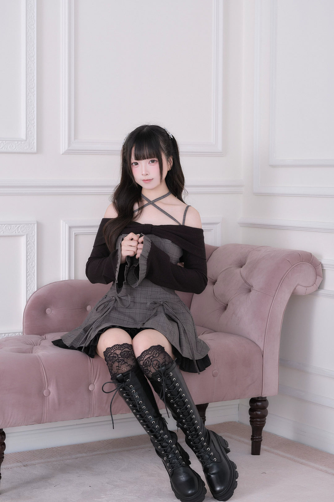 Jirai Kei Plaid Top and Skirt Set, Halter Neckline 44814:822645