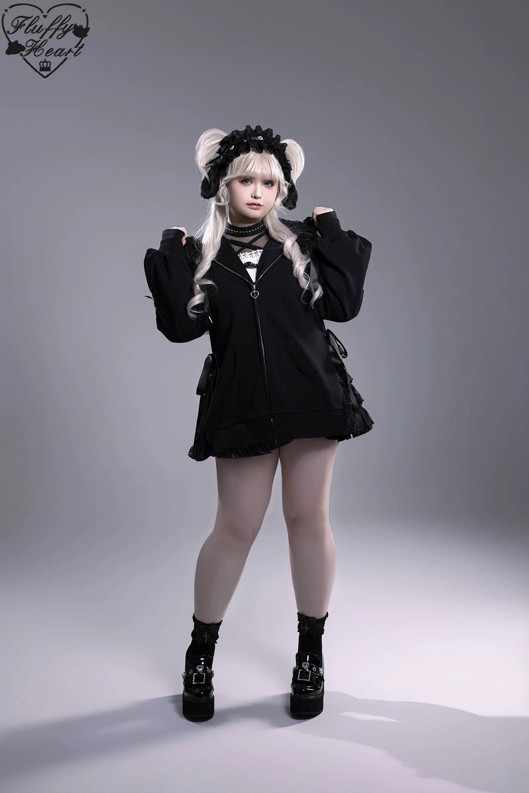 Lace-Trim Hoodie Coat, Side Pocket 45227:842223