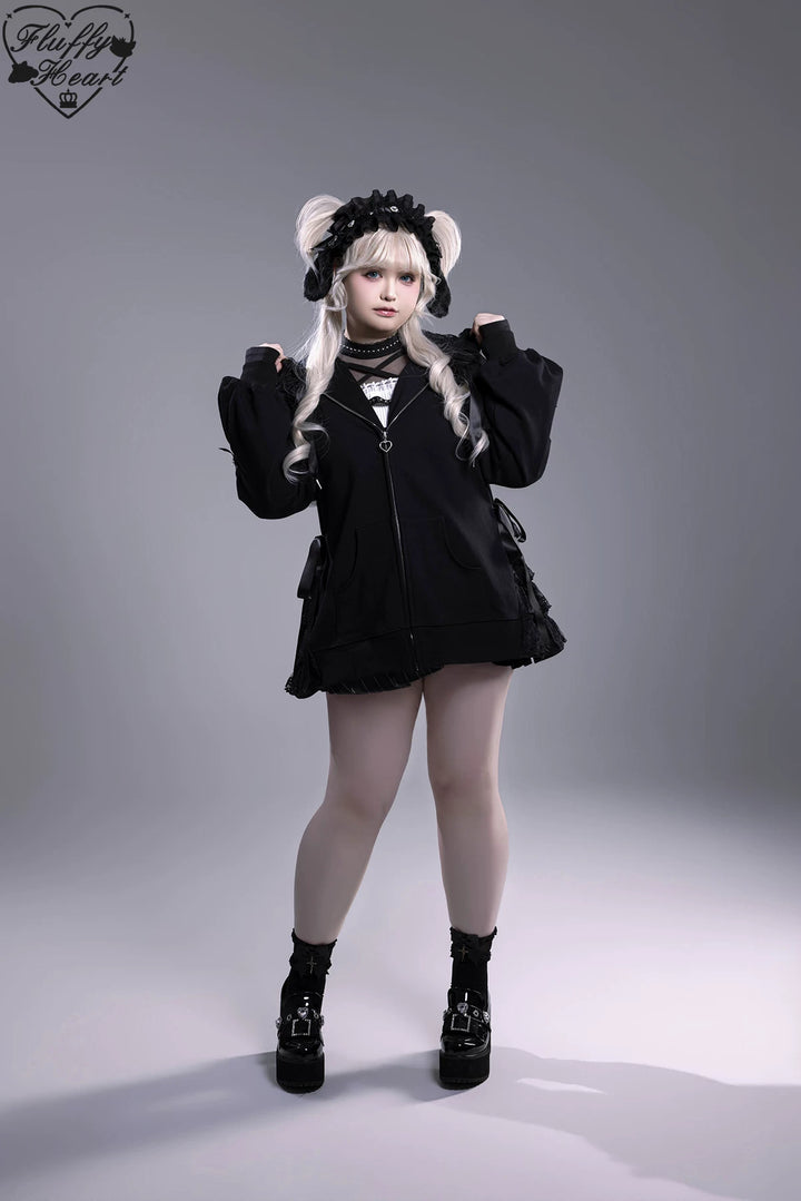Lace-Trim Hoodie Coat, Side Pocket 45227:842223