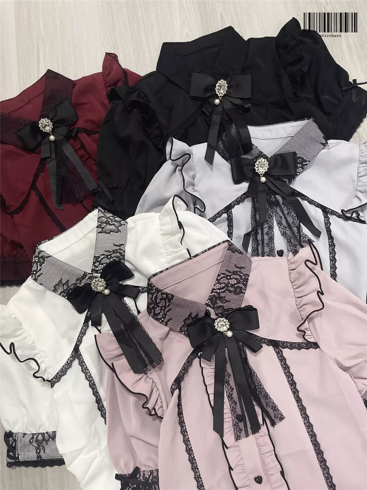 Jirai Kei Blouse Multi-Color Shirt Lace Puff Sleeves TOP (L M S XL XXL / Black Blue-gray Gray-pink White) 37278:553914