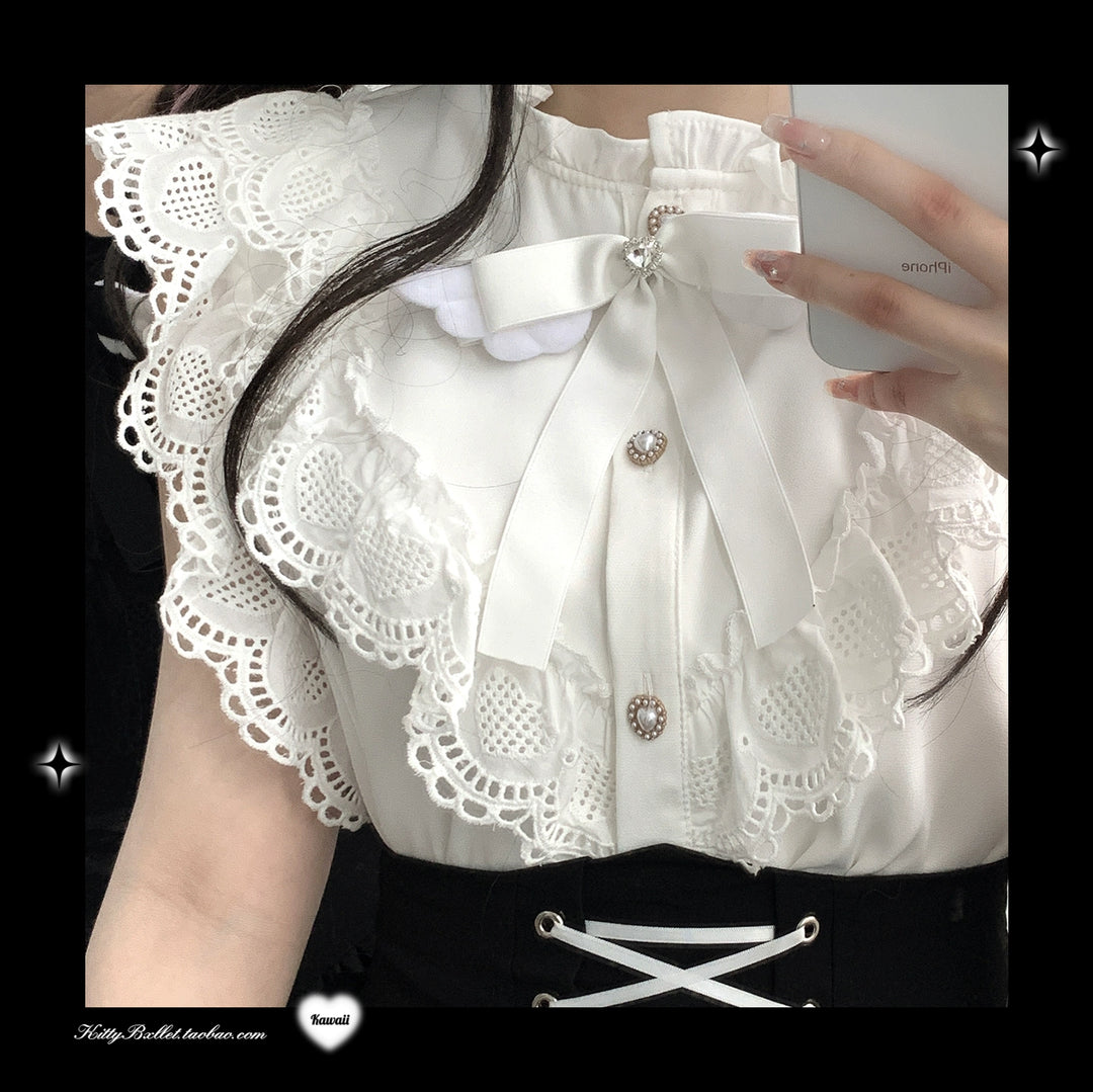 Jirai Kei Blouse Lace Flying Sleeves Shirt 36772:543810 36772:543810