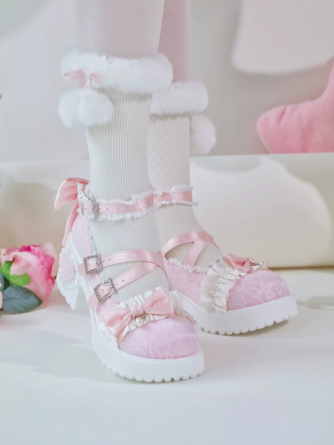 Classic Lolita Mary Jane Shoes, Lace Tulle & Ribbon Bow 46012:873456