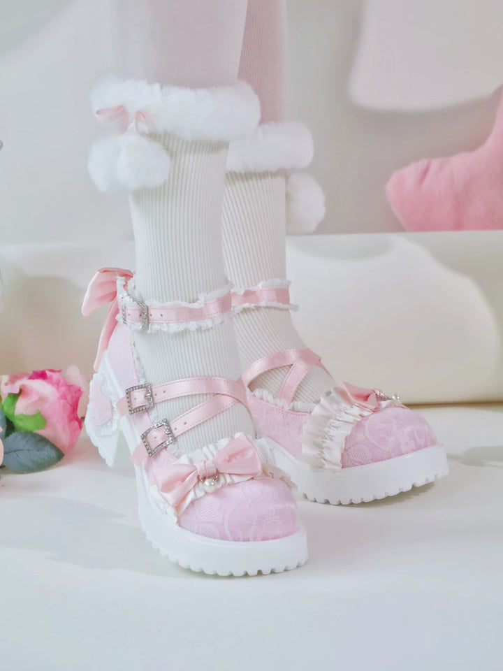 Classic Lolita Mary Jane Shoes, Lace Tulle & Ribbon Bow 46012:873456