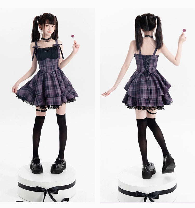 Kawaii Purple Plaid Onepiece Dress Black Bolero 22508:323436 22508:323436