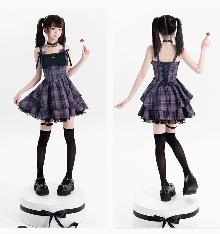 Gyaru Purple Plaid Dress With Lace Trim And Black Bolero 22508:323436