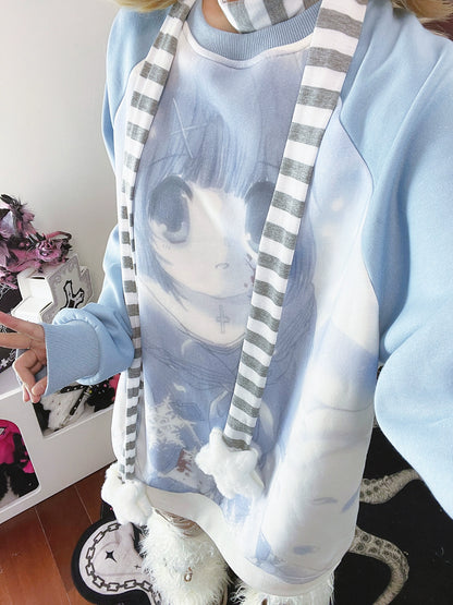 Jirai Kei Blue Sweatshirt Anime Girl Printed Sweatshirt 33326:431012