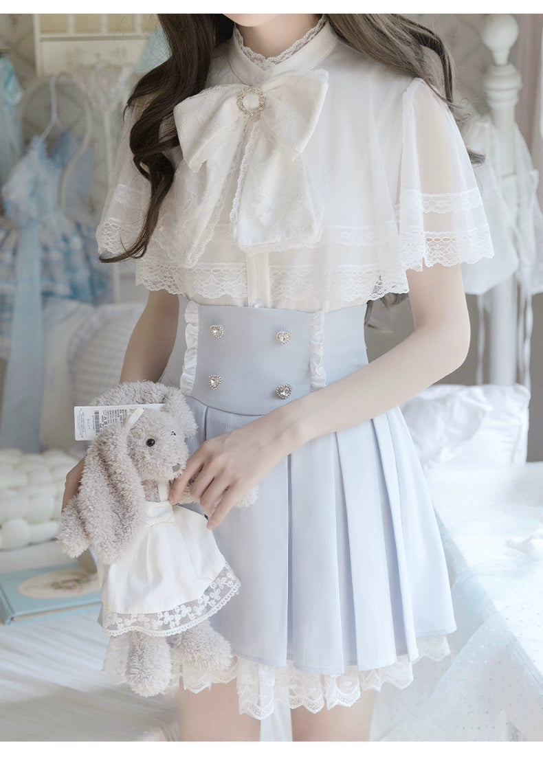 White Ryousangata Cape Blouse + BLue Pleated Skirt + Bow Tie 43066:764265