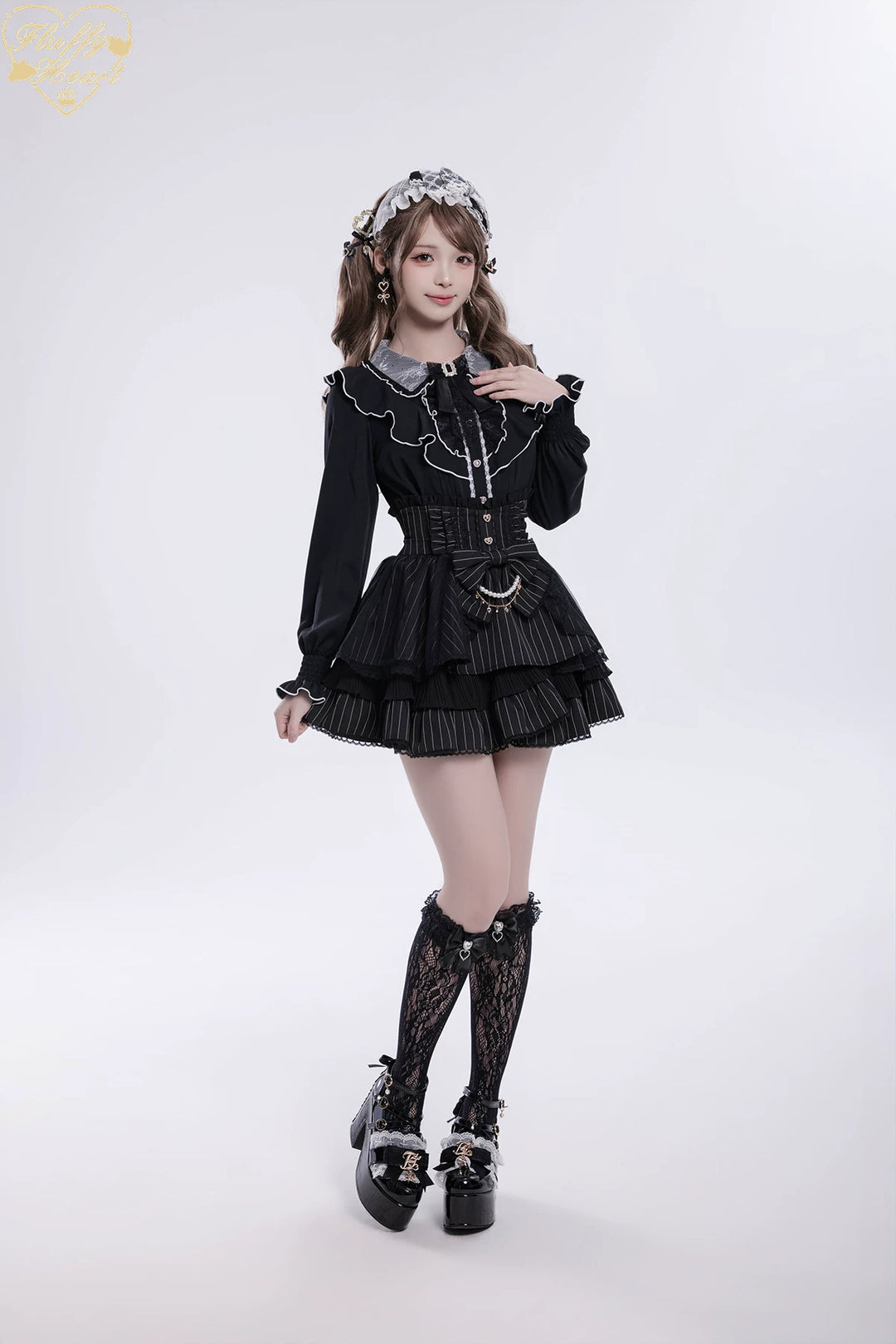 Jirai Kei Long-Sleeved Shirt, Ruffled Collar 45128:835588