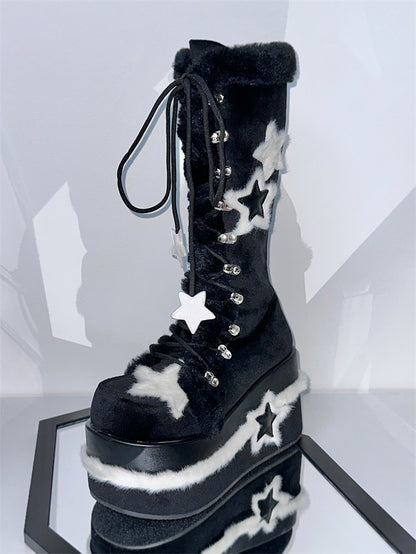 Y2K Platform Shoes Black Plush Combat Boots 33824:439562