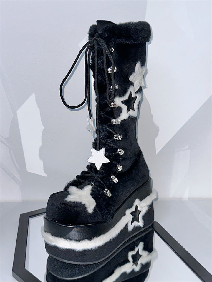 Y2K Platform Shoes Black Plush Combat Boots 33824:439562 33824:439562