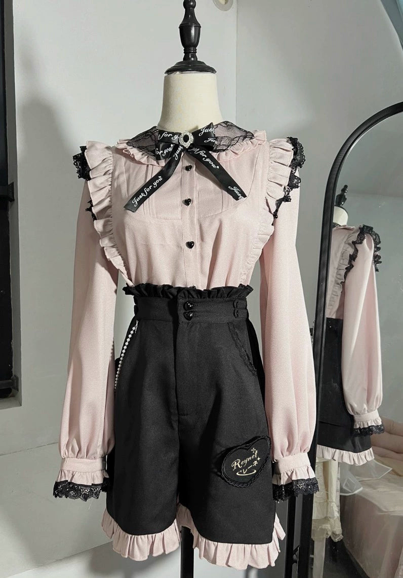 Jirai Kei Lace Collar Long Short Sleeve Blouse and Shorts 21648:314896