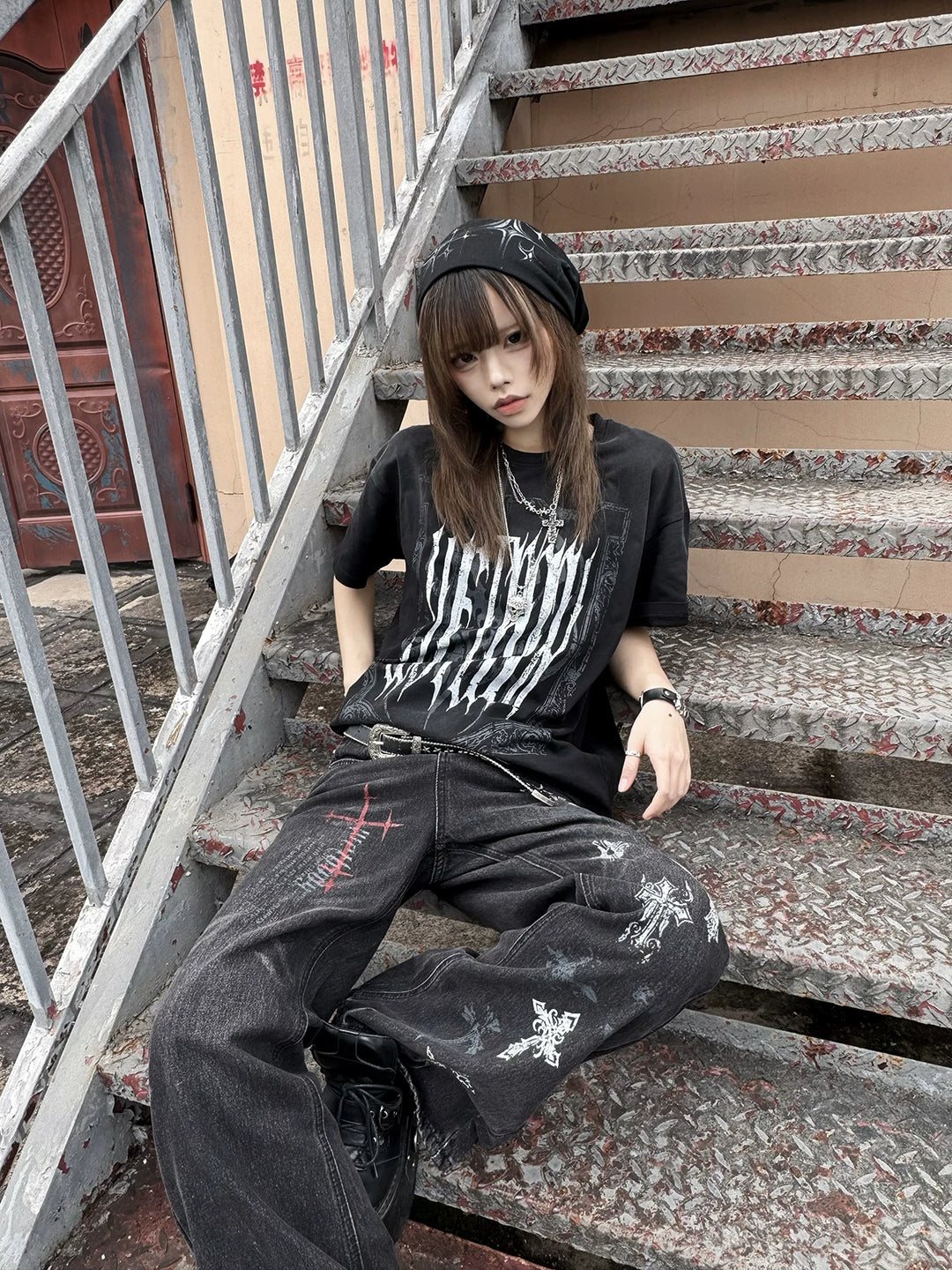 Punk Slight-flare Jeans, Varied Cross Prints 45698:859537