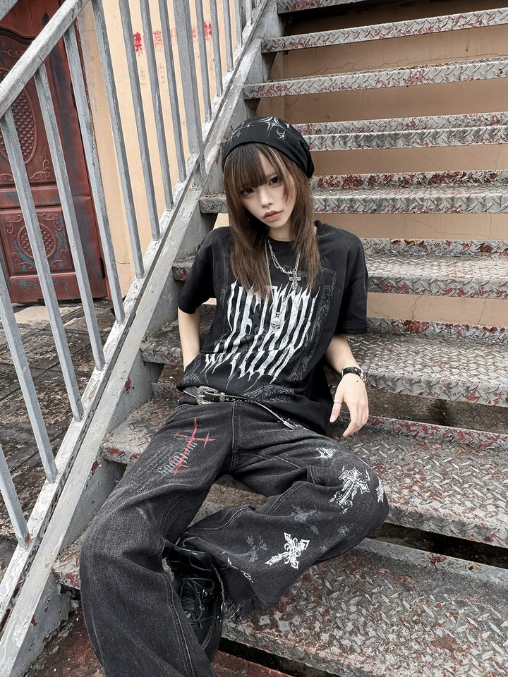 Punk Slight-flare Jeans, Varied Cross Prints 45698:859537