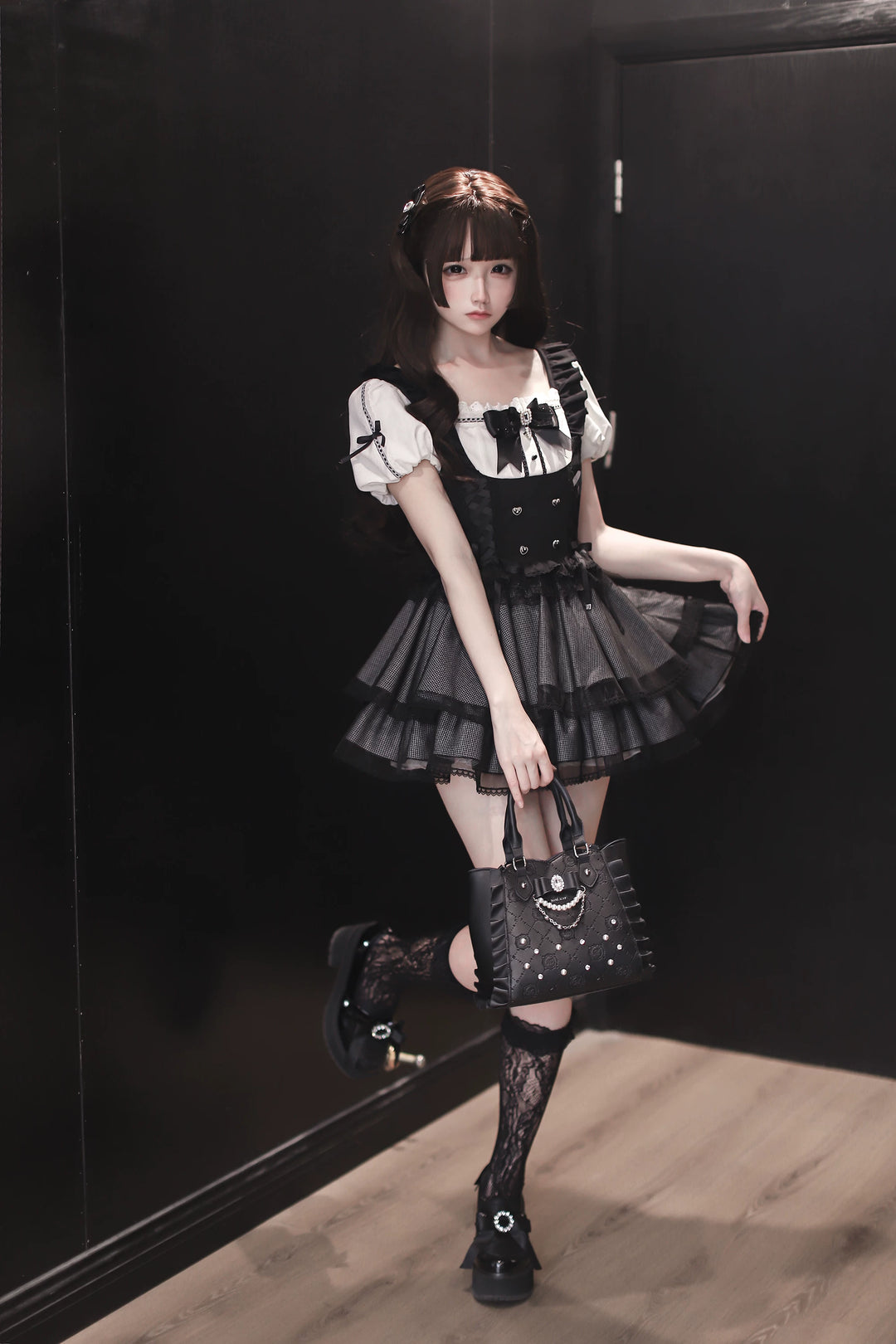 Jirai Kei Puff Sleeve Dress, Layered Tulle Hem 45340:847362