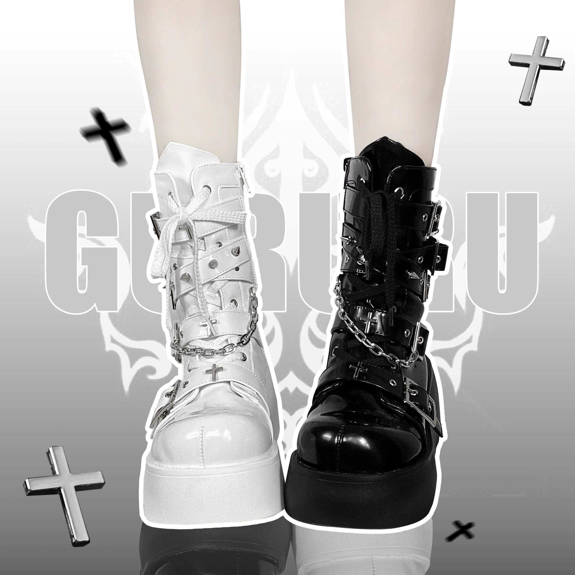 Y2K Spicy Girl Cross Black White Platform Shoes Boots 28962:343854