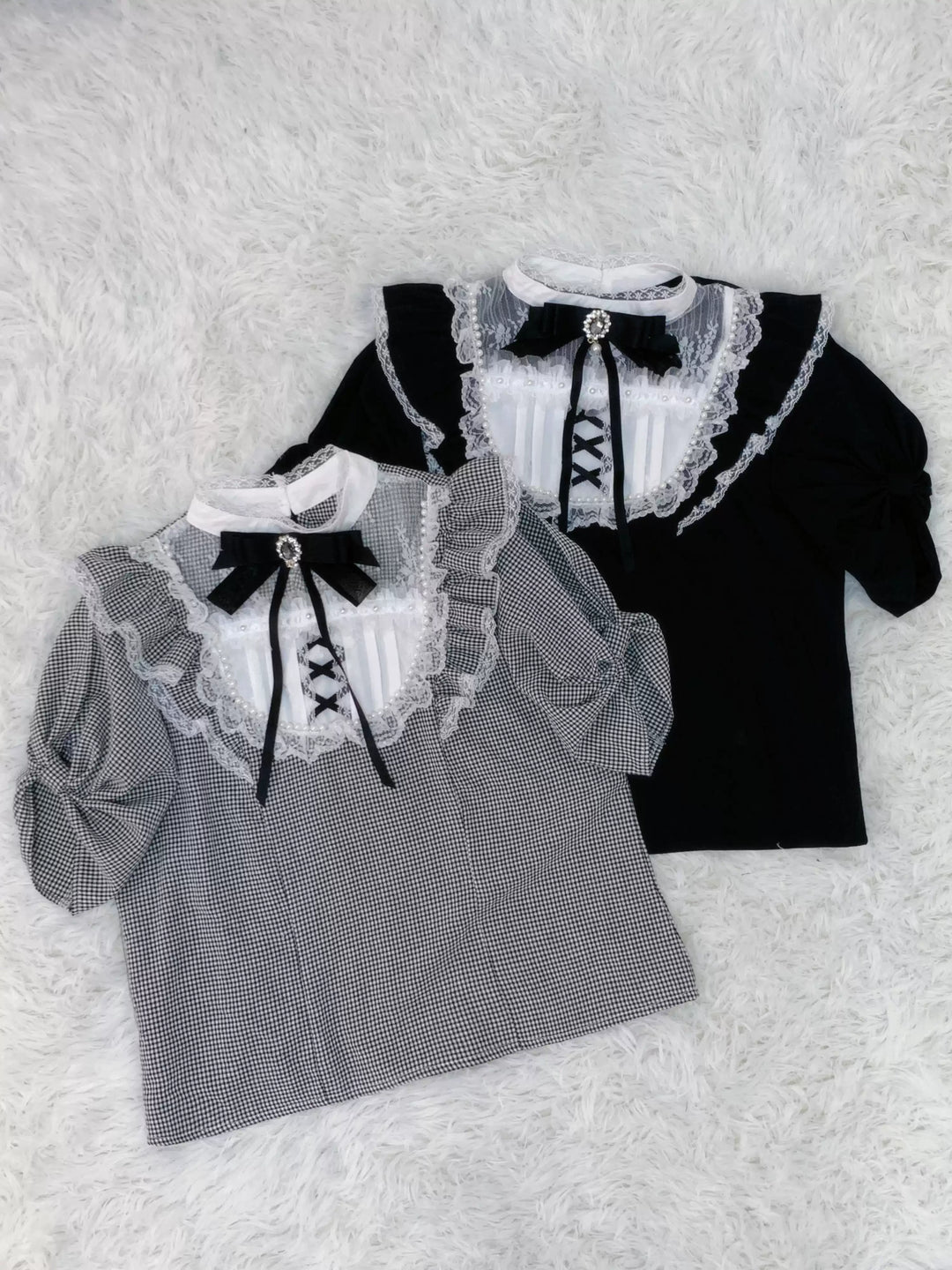 Puff Short-Sleeved Jirai Kei Blouse, Lace Pearl Decor (Black Plaid / L M S XL) 43616:781770