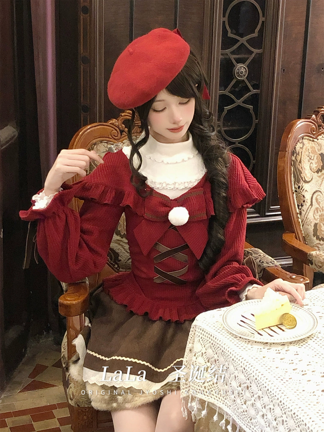 Christmas Red Off-Shoulder Sweater, Ruffled Skirt 44160:798302