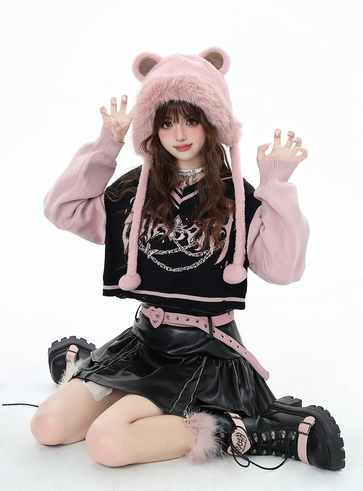 Y2K Sweater Gyaru V-neck Black-Pink Sweater For Winter 41790:713686