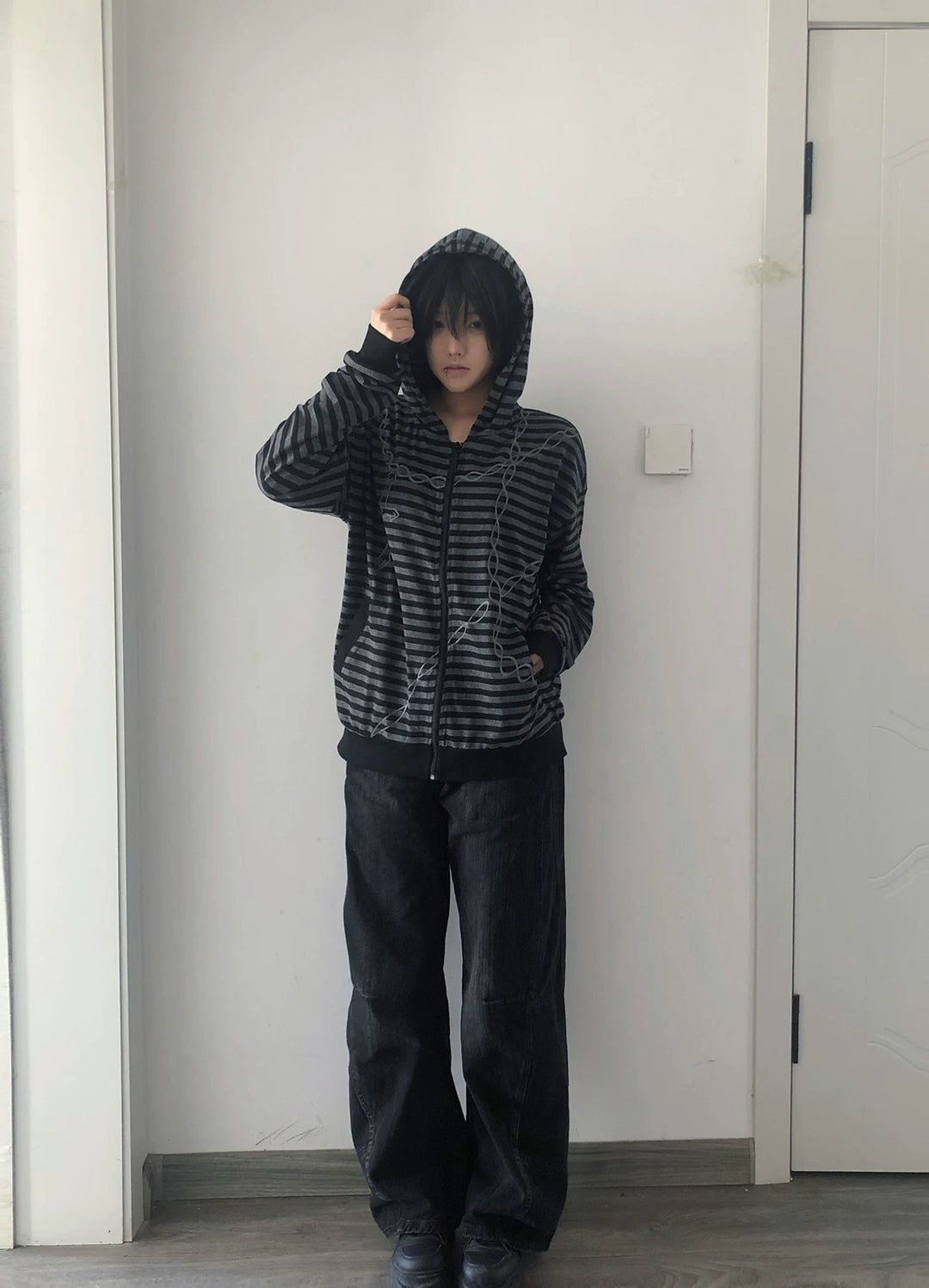 Gothic Striped Zip-Up Hoodie, Cotton for Summer 45270:844642