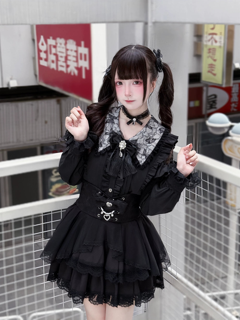 Jirai Kei Long Sleeve Blouse, Lace Open-Shoulder 44588:815076