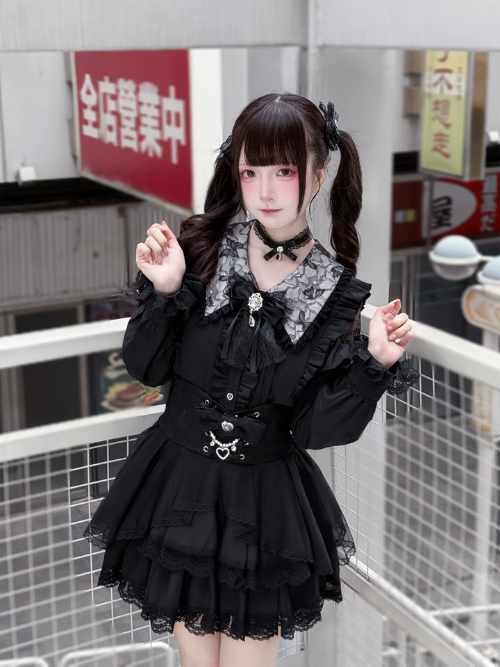 Jirai Kei Long Sleeve Blouse, Lace Open-Shoulder 44588:815076