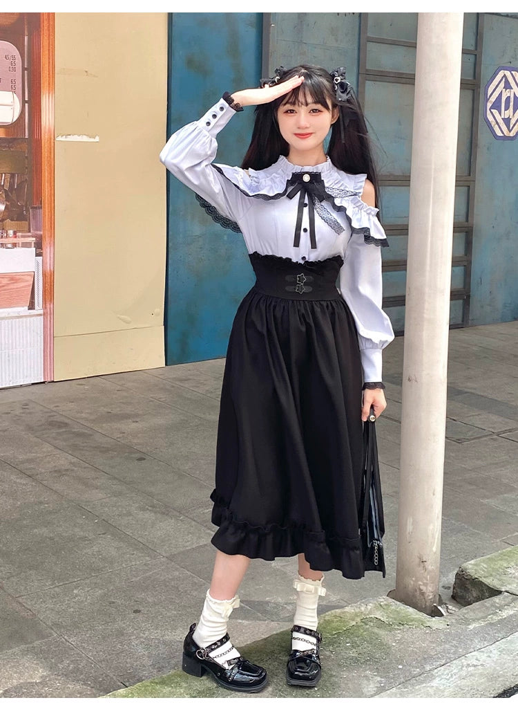 Jirai Kei Blue Long Sleeve Blouse Black Skirt 29514:353438