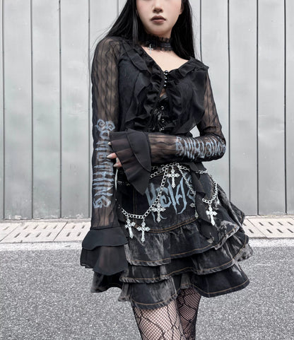 Gothic Puffy Skirt Subculture High Waist Denim Skirt 37472:560774